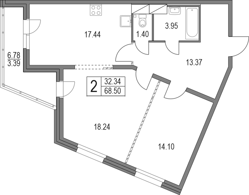 2-комнатная квартира 68.5 м², 3/19 эт., ЖК «Приморский квартал»